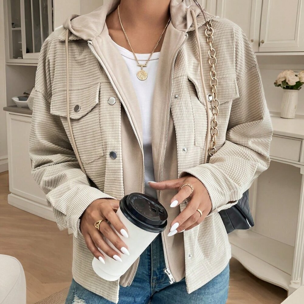 Apricot Casual Women's Flap Pocket Drop Shoulder Drawstring Hooded Jacket